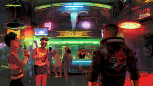 Cyberpunk 酒吧，霓虹燈和顧客在發光的公牛頭骨下跳舞。 — 電馭叛客2077 壁紙