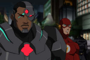 Cyborg、Flash 和 Batman 一起站在夜晚的城市場景中。 — 正義聯盟 壁紙