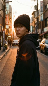 黃金時刻，陽光普照的城市街道上，一個穿黑色連帽衫和毛帽的年輕男子。