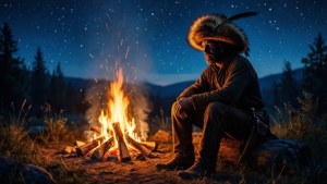 戴毛帽男人坐在營火旁星空下森林中