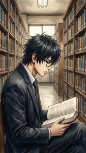 戴眼鏡的年輕男子在圖書館走道中閱讀一本書。