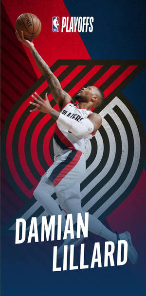 Damian Lillard 在 NBA 季後賽中行動，附有球隊標誌和文字。 — 達米安·里拉德 壁紙