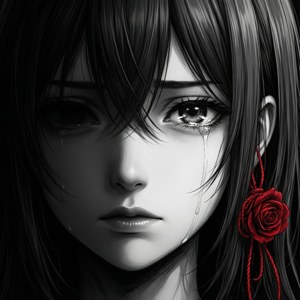 動漫女孩哭泣，頭髮上有一朵紅玫瑰。