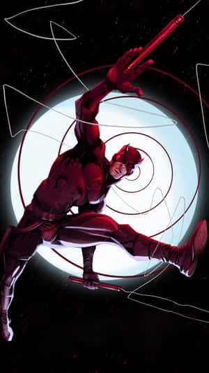 Daredevil 身穿紅色戰衣，手持雙節棍向發光白色圓圈跳躍。 — 漫威復仇者聯盟 壁紙