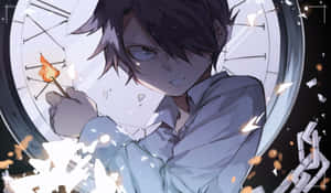 動漫男孩在破鐘附近手持點燃的火柴，漂浮著餘燼。 — 約定的夢幻島 壁紙
