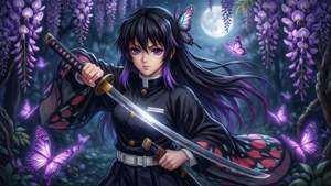 月光下的紫藤林中，持劍與蝶翼的動漫少女。