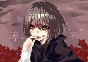 動漫女孩，紅色的眼睛，臉上帶血，被櫻花環繞。 — 日神神楽 壁紙
