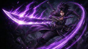 動漫戰士以動態戰鬥姿勢揮舞發光的紫色劍。