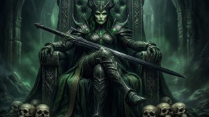 身穿綠色盔甲的暗黑女王坐在王座上，劍和頭骨環繞著她。