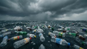 暴風雨天空下被塑膠瓶覆蓋的海洋