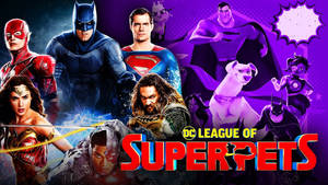 DC League of Super Pets 電影海報，英雄與寵物擺出動作姿勢。