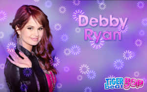 Debby Ryan 穿著黑色皮外套微笑，背景是紫色煙火，並顯示她的名字。 — 艾倫·狄珍妮 壁紙