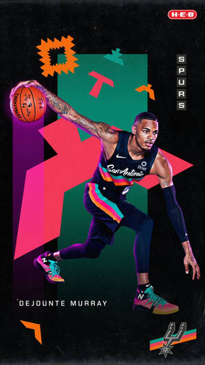 Dejounte Murray 身穿馬刺隊服，在色彩繽紛的抽象背景下運球。 — 酷籃球 壁紙