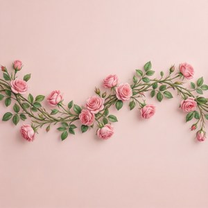 粉紅玫瑰和綠葉在腮紅背景上排列成柔和的曲線。 — Pixel Watch 4 壁紙
