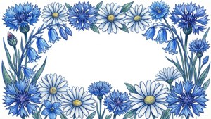藍白花朵在空白空間周圍形成裝飾性邊框。