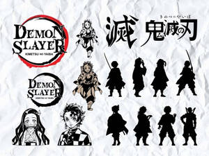 Demon Slayer 動畫標誌和角色設計在紋理紙上。 — 鬼滅之刃 壁紙