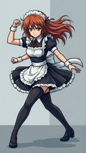 紅髮動漫女僕穿著黑白服裝展示肌肉。