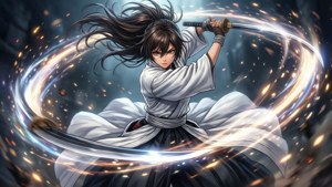 動漫武士戰士在旋轉的能量攻擊中揮舞著發光的劍。
