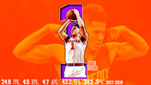 Devin Booker 在橙色背景上投籃，並顯示統計數據。 — Devin Booker 壁紙