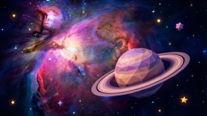 低多邊形土星帶光環，以佈滿星星的彩色星雲為背景。