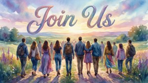 不同群體走在通往日落的小徑上，上方有「Join Us」文字。