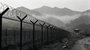 霧氣山景中的帶刺鐵絲網圍欄和瞭望塔。 — 南韓 壁紙