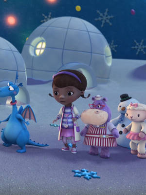 Doc McStuffins 和朋友們在雪地冬季場景中，有冰屋和雪花 — 小醫師大玩偶 壁紙