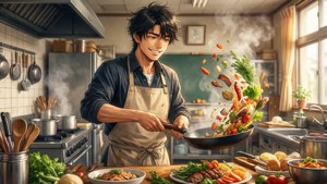 動畫廚師在明亮的廚房裡將色彩繽紛的食材拋進鑊中。
