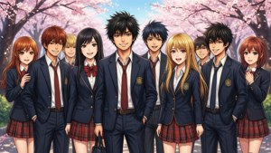 櫻花下穿著校服的動畫學生。 — 爆音隊 壁紙