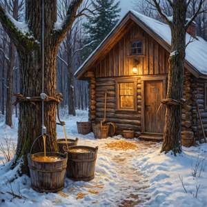 雪地森林中的木屋，楓糖漿滴入木桶 — Pixel Watch 壁紙