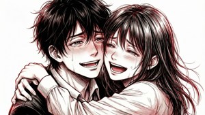 兩個動漫角色擁抱大笑，淚水流滿臉頰。