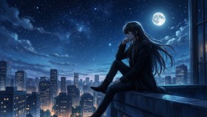 動漫角色坐在屋頂上，在滿月和星空下俯瞰夜晚的城市。