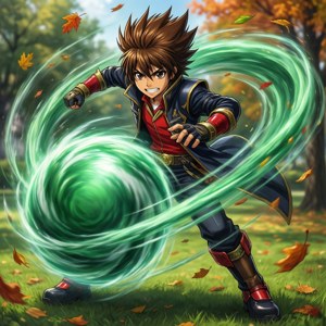 動漫男孩在秋日森林中產生綠色能量漩渦