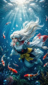 白髮動漫女孩與鯉魚和陽光一起在水下游泳。
