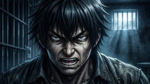 憤怒的動漫男人在監獄牢房中，有鐵欄杆和窗戶光線。