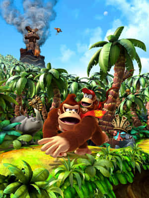 Donkey Kong 和 Diddy Kong 在茂密的叢林中，背景有一座冒煙的寺廟。 — Kindle Paperwhite 壁紙