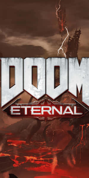Doom Eternal 遊戲標誌在一個有閃電的熾熱地獄景觀之上。 — 18:9 壁紙