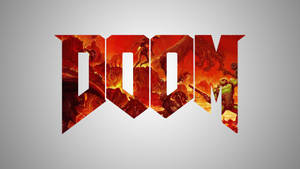 Doom 標誌，有惡魔和士兵在火熱地獄場景。 — 天命 4K 壁紙