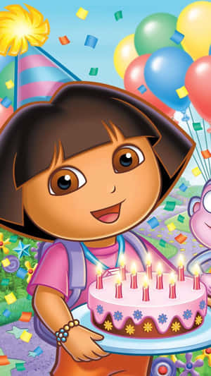 Dora the Explorer 在生日派對上，有蛋糕和氣球。 — 愛探險的朵拉 壁紙