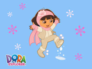 穿著冬季裝備的Dora the Explorer 跳躍時周圍有雪花。 — 愛探險的朵拉 壁紙