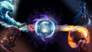 四位 Dota 2 英雄在發光球體周圍釋放水、火和魔法。 — 英雄連隊 壁紙