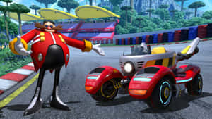 Dr Eggman 在賽道上與他的紅黃色懸浮賽車合影。 — 索尼克 壁紙