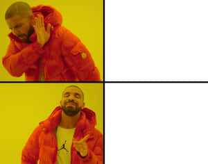 Drake 身穿紅色羽絨外套在黃色背景前做手勢。 — 空白 壁紙
