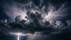 雷暴中明亮的閃電在暴雨期間穿過黑暗的暴風雲。
