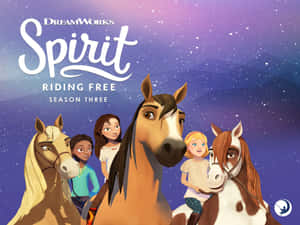 來自 Spirit Riding Free 第三季的繁星點點紫色天空下的女孩和馬匹。 — 動畫卡通 壁紙