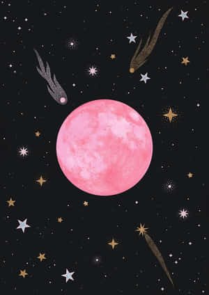 粉紅月亮被星星和彗星環繞在黑暗的夜空中。 — 草莓 壁紙