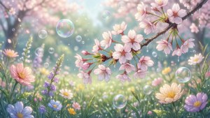 陽光花園中粉紅櫻花和野花伴隨漂浮的泡泡。