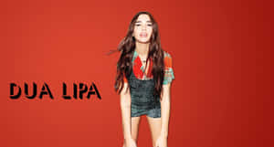 Dua Lipa 穿著彩色服裝，在紅色背景前擺姿勢，並帶有她的名字文字。 — 杜娃·黎波 壁紙