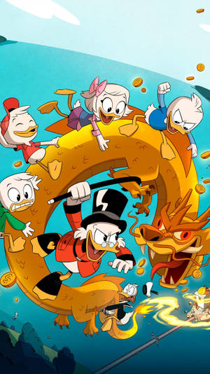 DuckTales 角色騎著金龍在天空飛翔，金幣飛舞。 — 高解析度龍 壁紙