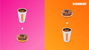 Dunkin' 咖啡杯和灑糖甜甜圈在粉紅色和橙色背景上，帶有加號。 — Dunkin Donuts 壁紙